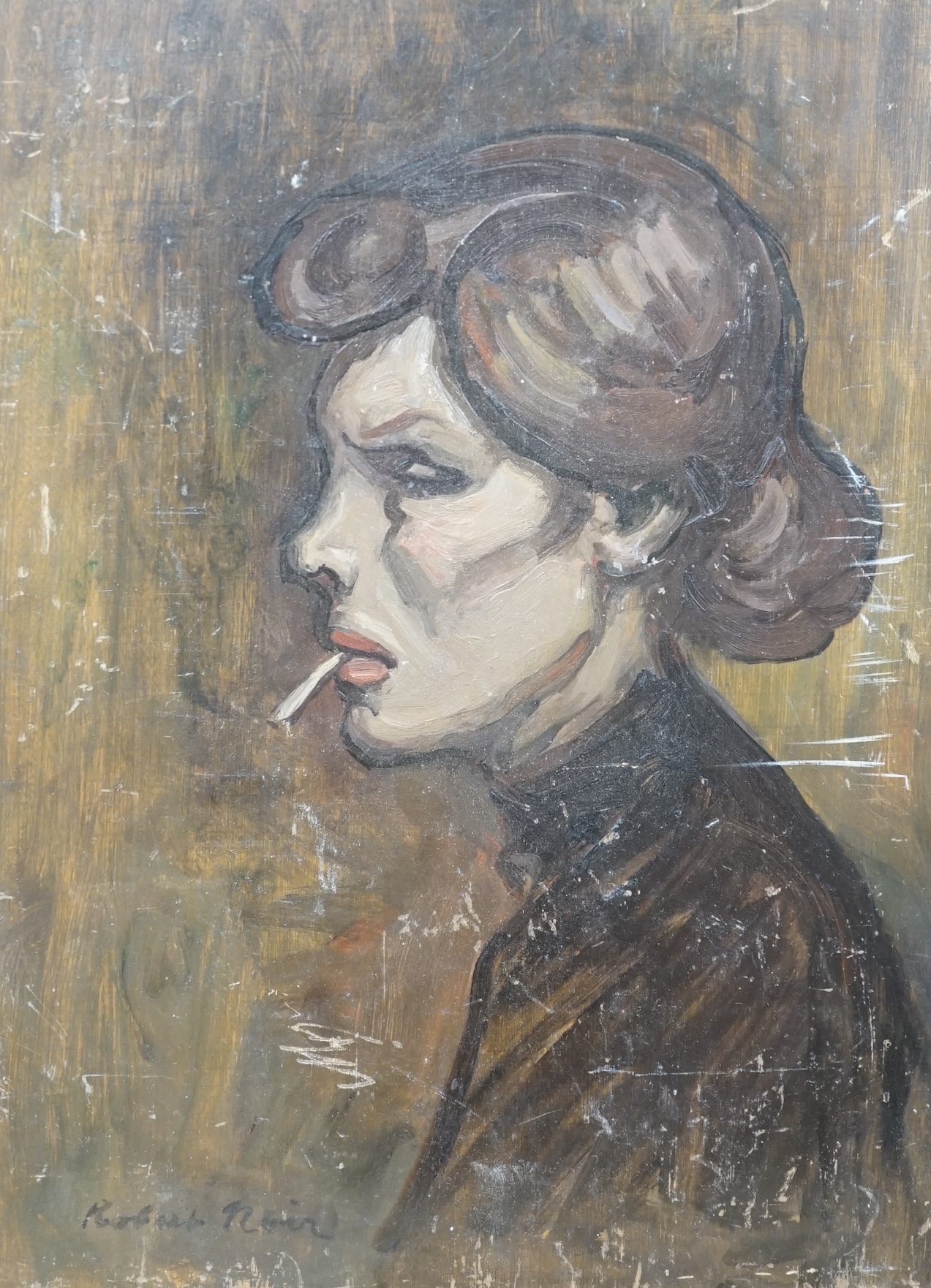 Ernest Robert Salmon Noir (1864-1931), oil on board, Portrait of a woman, ‘La Rogue’, signed, 33 x 23cm, unframed. Condition - poor to fair, scuffs throughout